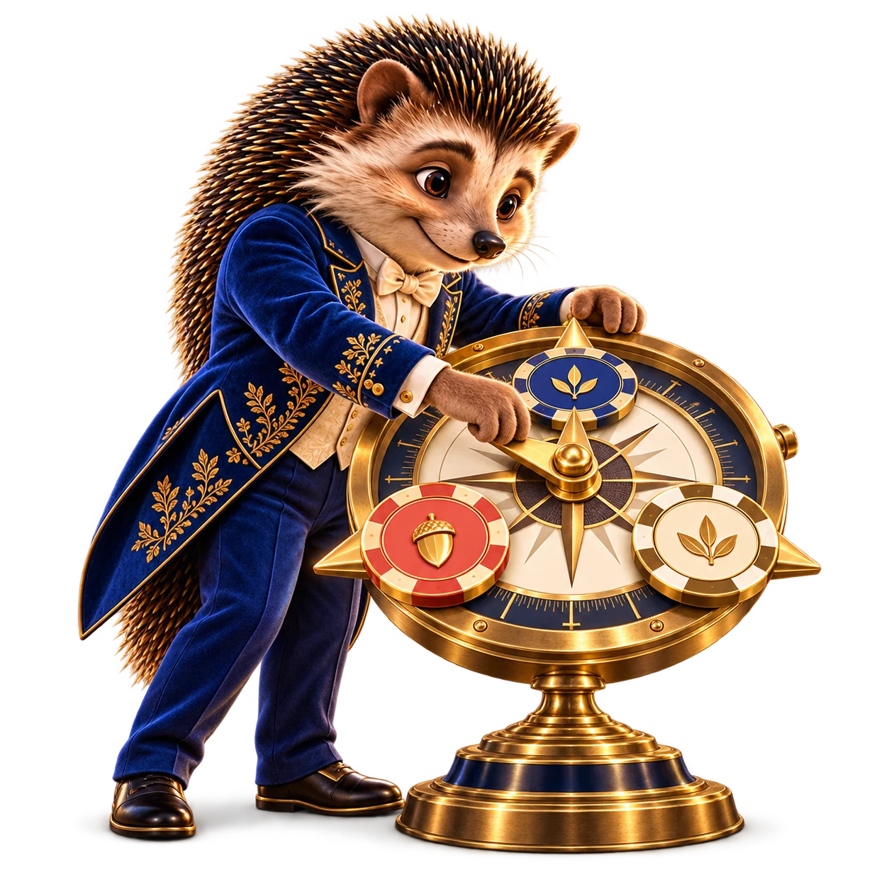 The Hedgehog Gold host adjusts a brass compass with three gaming-chip routes.
