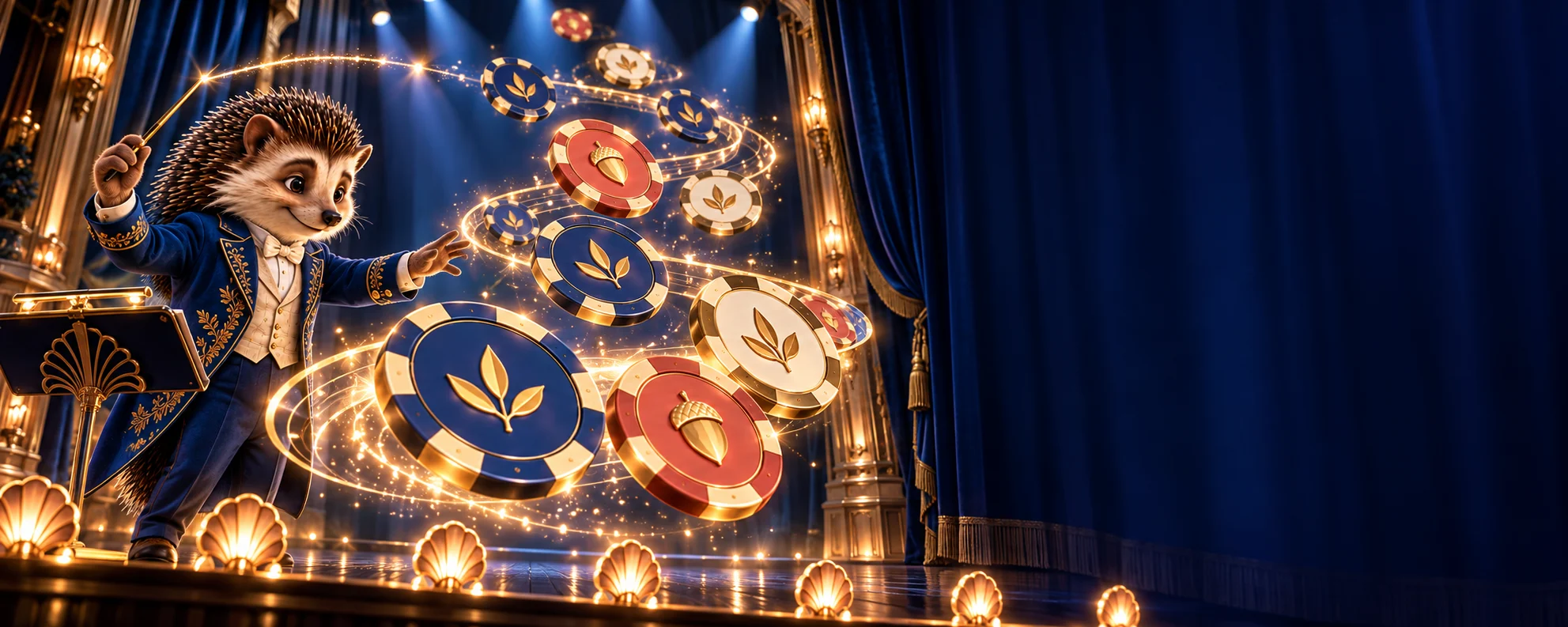 A hedgehog conductor guides a theatrical spiral of cobalt, coral and ivory gaming chips.